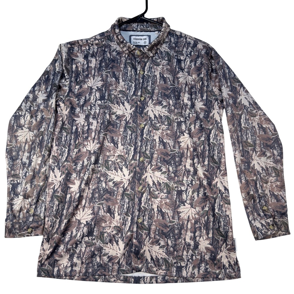 Sovereign Code Youth XL 18-20 Button Down Shirt Camo Forest Leaf Bark Brown